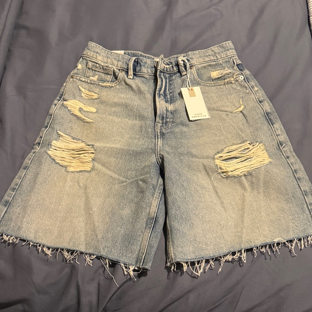 Good American Light Blue Distressed Denim Bermuda Shorts